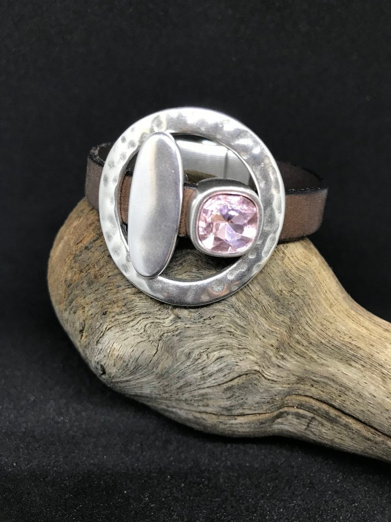 Pink Swarovski Crystal, Silver and Leather